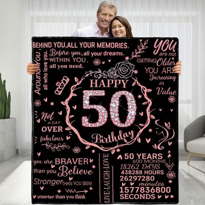 50th Birthday Blanket - Personalized Flannel Fleece Soft Throw for Women - Happy 50th Birthday Gift Ideas for Her - Mom Grandma Wife - 50 Year Old Gifts