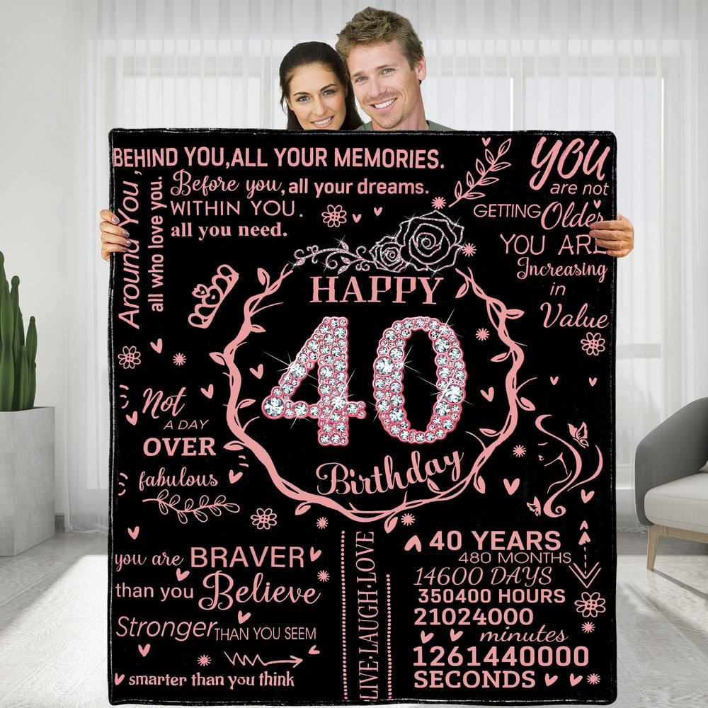 40th Birthday Blanket Gifts for Women - Happy 40th Birthday Gift Ideas for Her - 40 Year Old Gifts for Mom Grandma Wife Sister Friends - Personalized Flannel Fleece Soft Throw Blanket