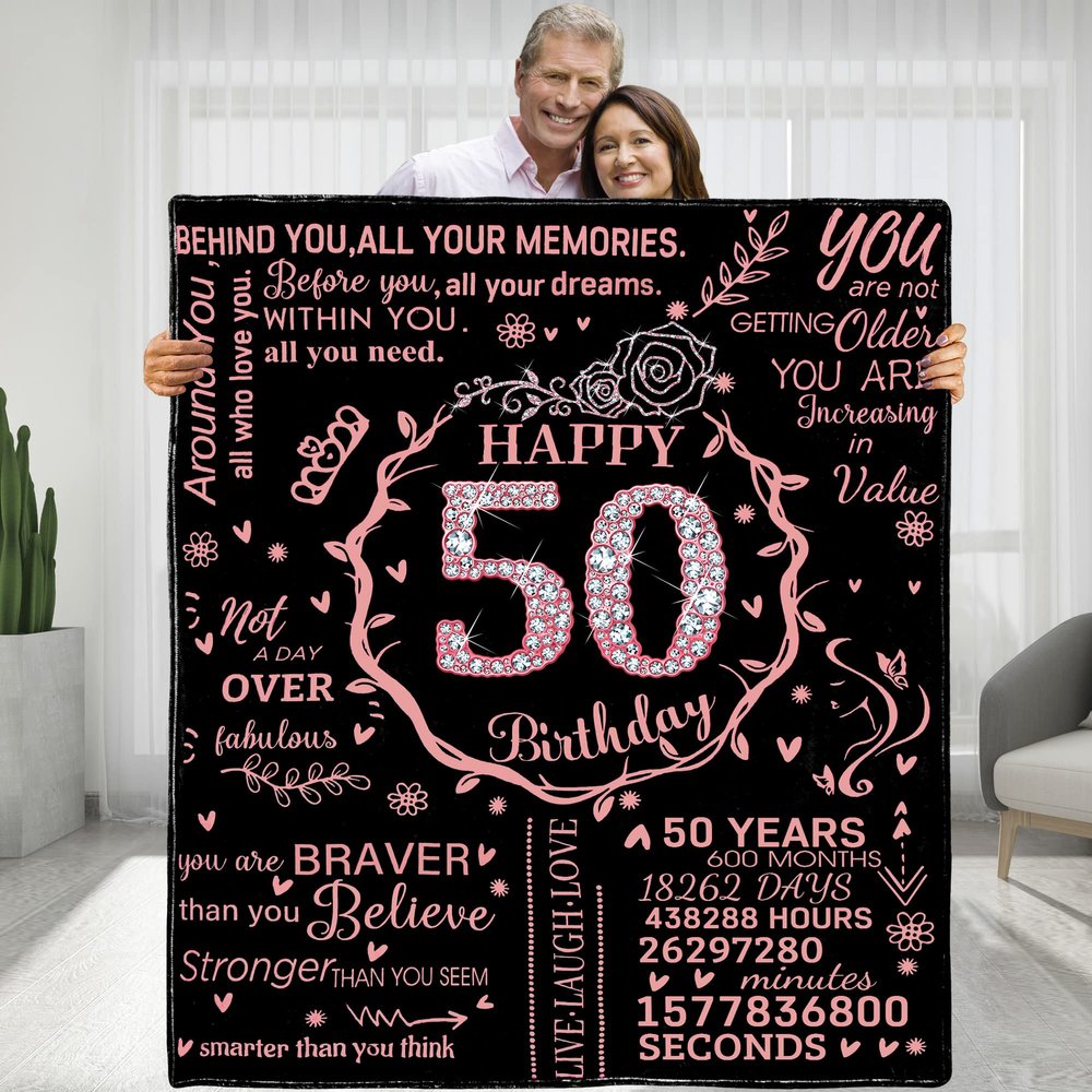 50th Birthday Blanket - Personalized Flannel Fleece Soft Throw for Women - Happy 50th Gift Ideas for Mom, Grandma, Wife