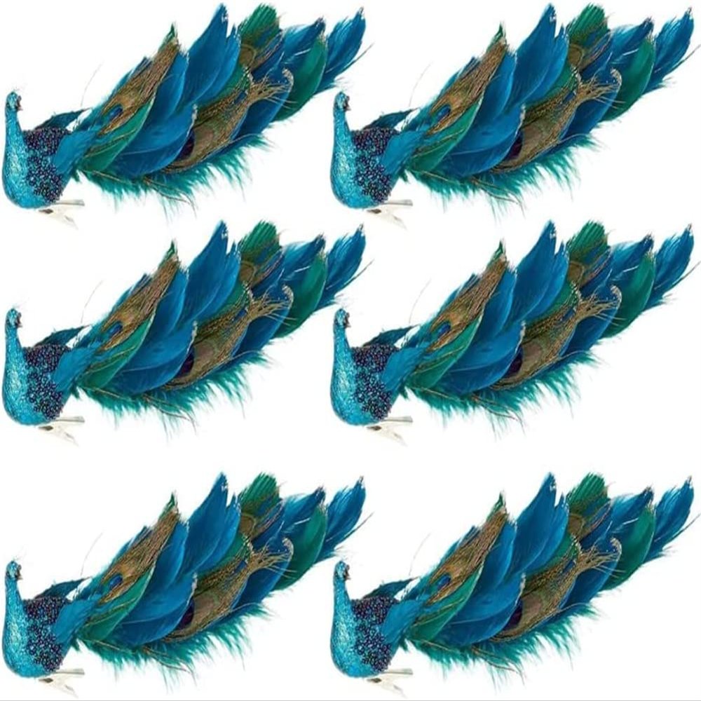 12" Blue Artificial Peacock Clip on Christmas Tree Decorations for Party and Christmas Decorations (6 Pack)