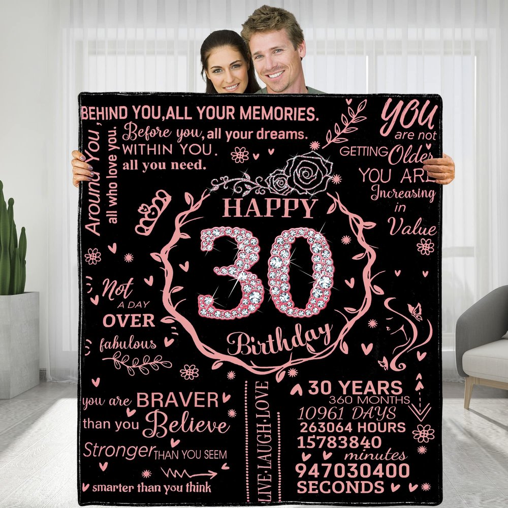 30th Birthday Blanket - Personalized Flannel Fleece Soft Throw for Women - Happy 30th Gift Ideas for Her