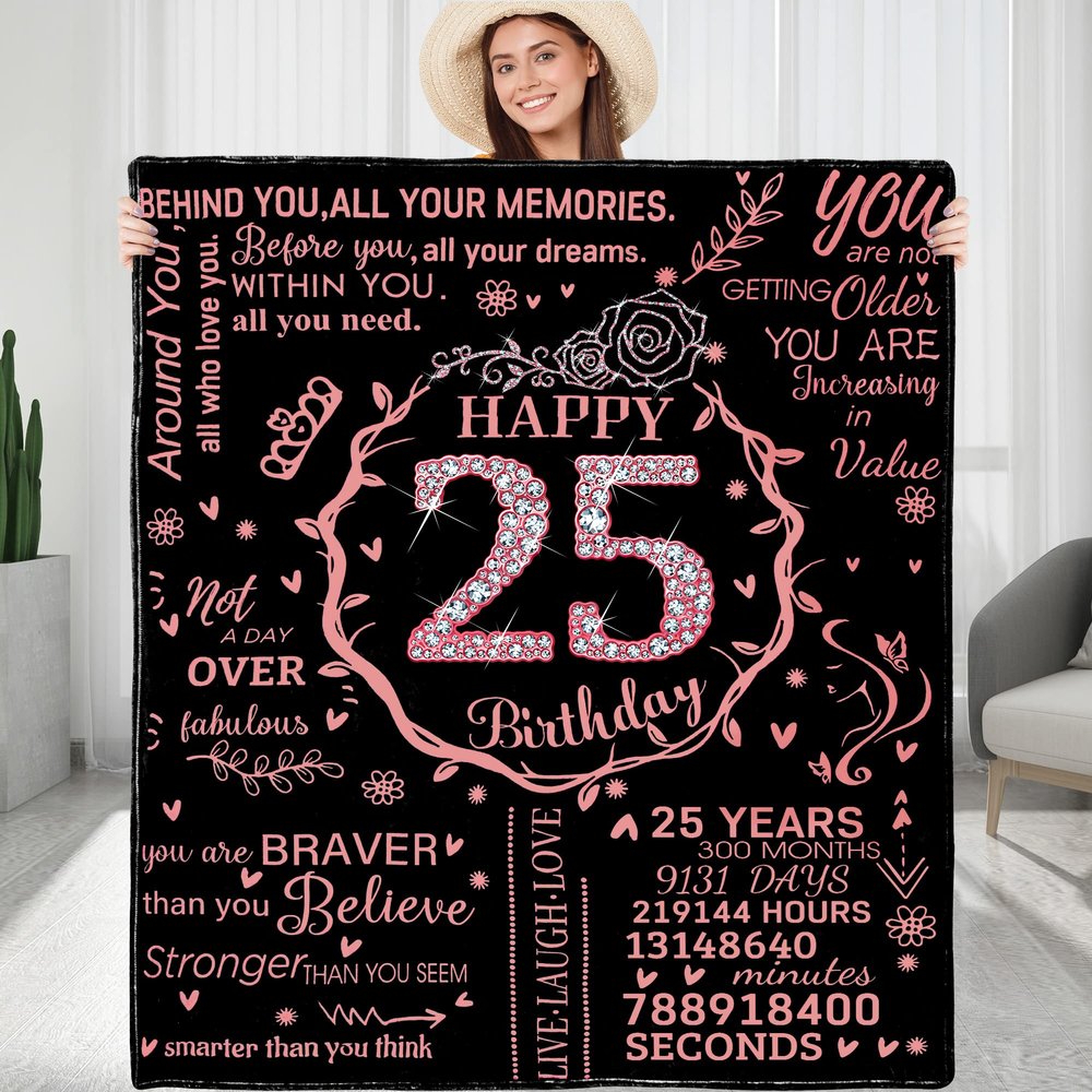 25th Birthday Blanket Gifts for Women - Happy 25th Birthday Gift Ideas for Her - 25 Year Old Gifts for Daughter Sister Bestie - Personalized Flannel Fleece Soft Throw Blanket