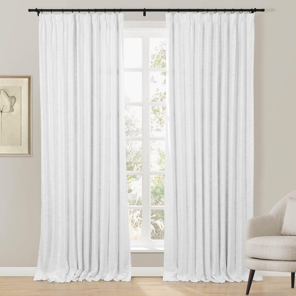 Drapifytex Pinch Pleat Thermal Insulated Blackout Curtains- (56Wx84L, White) Faux Linen Elegant Pinch Pleated Blackout Drape for Living Room Sliding Glass Door, 1 Panel