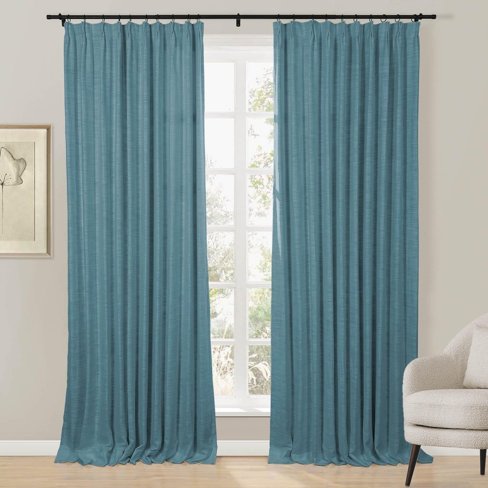 Drapifytex Pinch Pleat Thermal Insulated Blackout Curtains- (56Wx84L, Turquoise) Faux Linen Elegant Pinch Pleated Blackout Drape for Living Room Sliding Glass Door, 1 Panel
