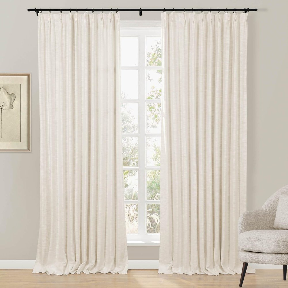 Drapifytex Pinch Pleat Thermal Insulated Blackout Curtains- (56Wx84L, Ivory) Faux Linen Elegant Pinch Pleated Blackout Drape for Living Room Sliding Glass Door, 1 Panel