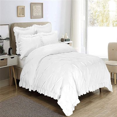 British-Linen Bedding 5PC Two Tone Pinch Pleated Corner Ruffle Frilled Duvet Cover Set with Zipper, 100% Egyptian Cotton, 400 Thread Count - White/White Solid, Full Size.