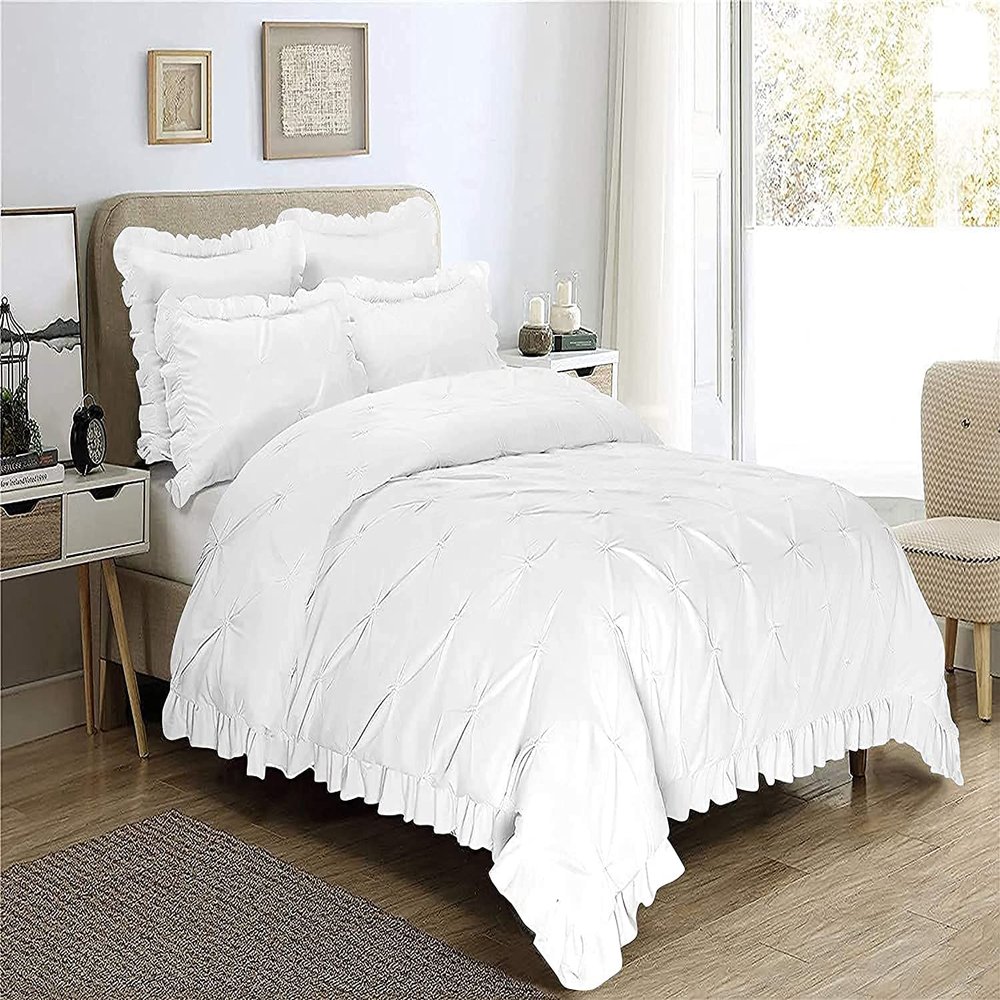 British-Linen Bedding 5PC Two Tone Pinch Pleated Corner Ruffle Frilled Duvet Cover Set with Zipper, 100% Egyptian Cotton, 400 Thread Count - White/White Solid, Full Size.