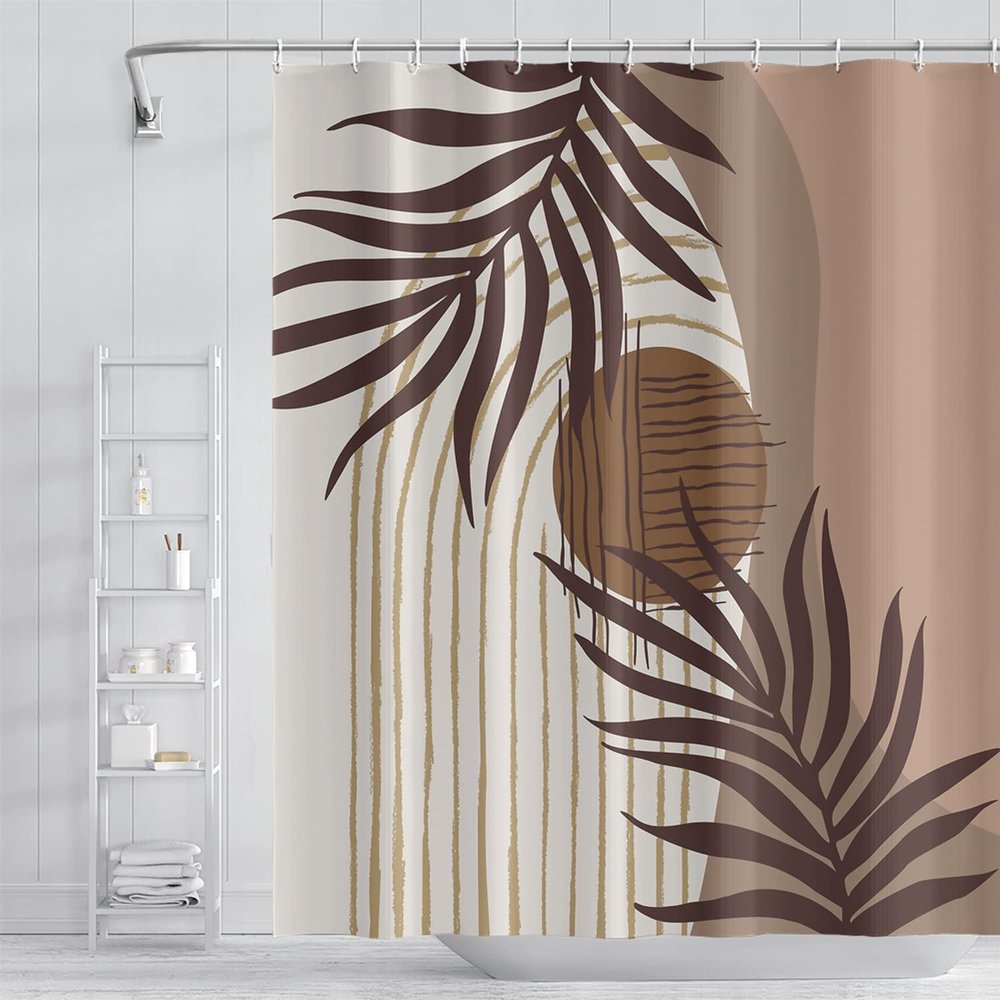 Umpoo Abstract Mid Century Boho Bathroom Shower Curtain - Eucalyptus Leaves Brown and Beige Sun Shower Curtain with Hooks - Waterproof Polyester Fabric - 72x78 Inch