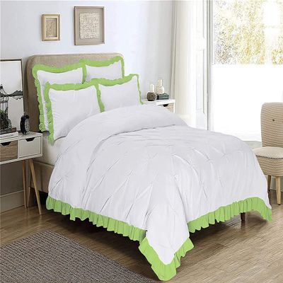 Decorative 3PC Two Tone Pinch Pleated Corner Ruffle Frilled Duvet Cover Set with Zipper, 100% Egyptian Cotton, 400 Thread Count - White/Sage Solid, Super King Size.