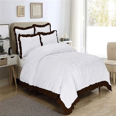 Decorative 3PC Two Tone Pinch Pleated Corner Ruffle Duvet Cover Set with Zipper, 100% Egyptian Cotton, 400 Thread Count - White/Chocolate Solid, Twin Size.