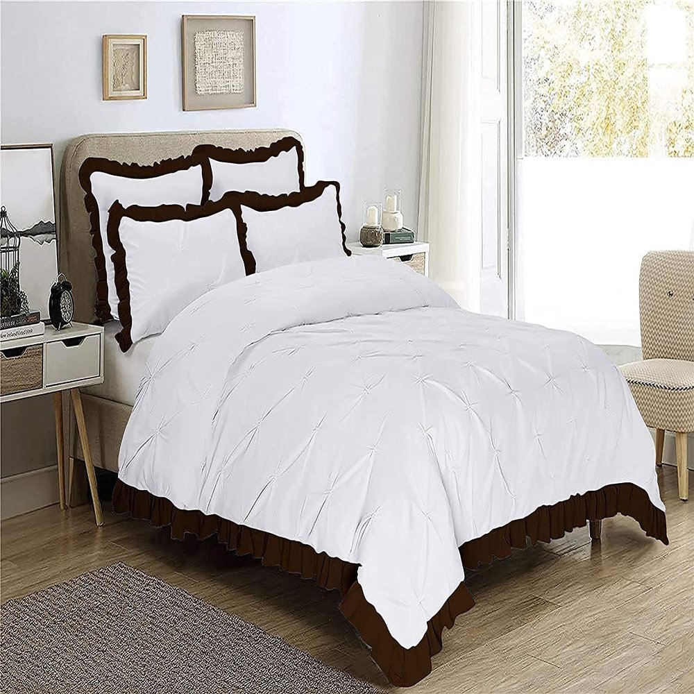Decorative 3PC Two Tone Pinch Pleated Corner Ruffle Duvet Cover Set with Zipper, 100% Egyptian Cotton, 400 Thread Count - White/Chocolate Solid, Twin Size.