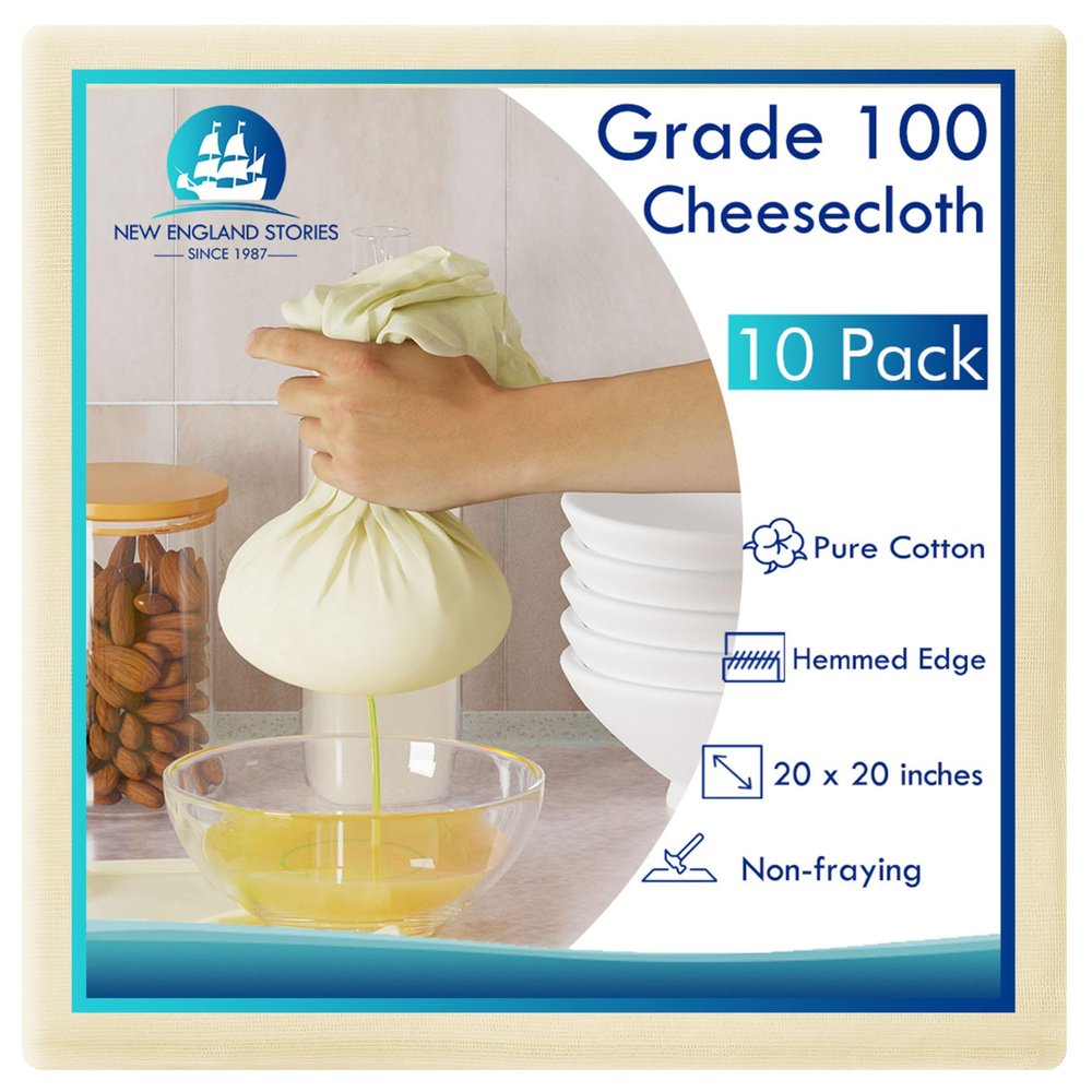 10 PCS Reusable Cheesecloth, Grade 100, 20x20 Inch Hemmed Cheese Cloth for Straining Craft, 100% Cotton Unbleached Cloth Strainer for Cooking, Baking, Juicing, Cheese Making