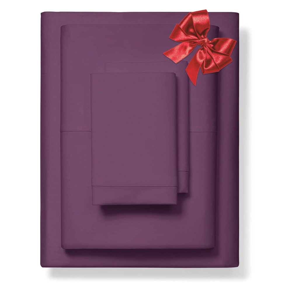 1000-Thread-Count 100% Pure Cotton Bed Sheets -3 Pc Twin Size Plum Sheet Set, Single Ply Long Staple Combed Cotton Yarns, Best Luxury Sateen Weave, Fits Mattress Upto 17'' Deep Pocket