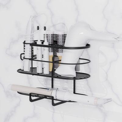 Linkidea Hair Tool Organizer with Hook, Self Adhesive Hair Dryer Holder for Bathroom, Blow Dryer Styling Tool Storage Basket for Bedroom (Black)