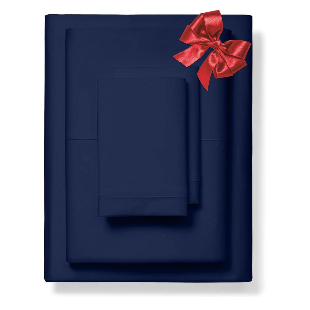1000-Thread-Count 100% Pure Cotton Bed Sheets -4 Pc Full Size Navy Blue Sheet Set, Single Ply Long Staple Combed Cotton Yarns, Best Luxury Sateen Weave, Fits Mattress Upto 17'' Deep Pocket