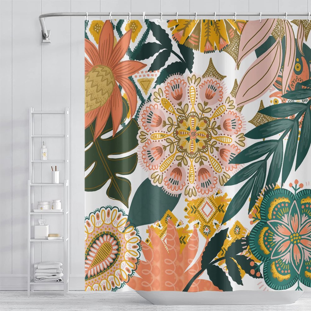Umpoo Bohemian Floral Bathroom Shower Curtain Boho Abstract Tropical Leaves Flowers with Hooks Polyester Waterproof Fabric Paisley Unique Trendy Woman Decor, 48x72 Inch