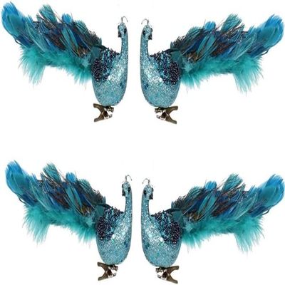 12" Peacock Christmas Decoration Glittering Blue Peacock with Clip for Party and Christmas Decorations (4 Pack)