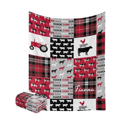 Personalized Farm Life Tractor Car Plaid Red Blanket with Name Text Custom Super Soft Fleece Throw Blankets for Couch Sofa Bed 50 X 60 inches