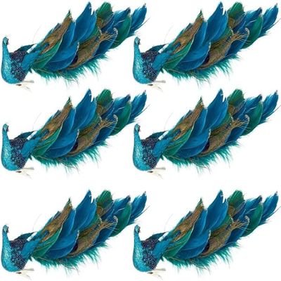 12" Peacock Christmas Decoration Glittering Blue Peacock with Clip for Party and Christmas Decorations (6 Pack)