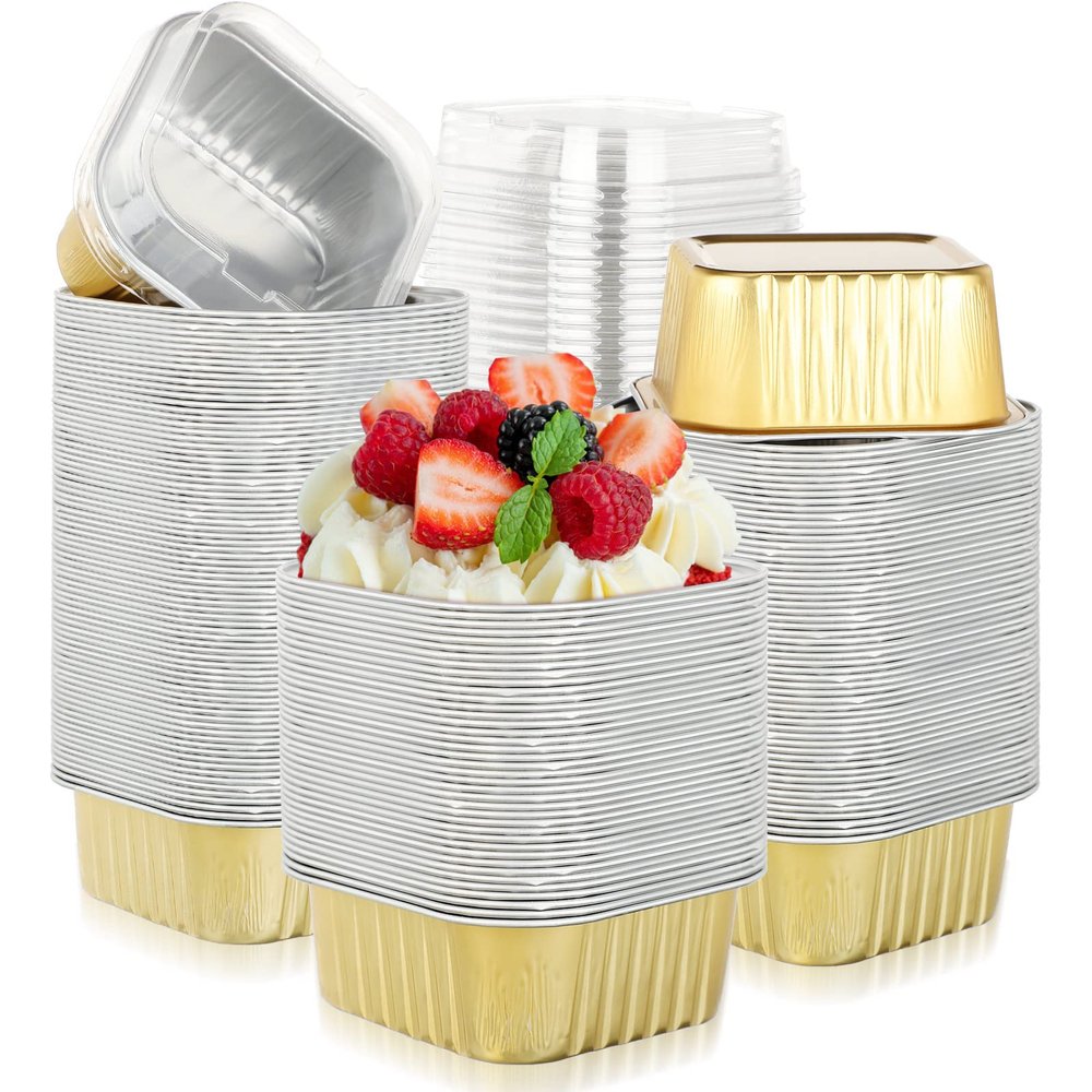 200 Pcs 5 oz Aluminum Foil Baking Cups with Lids 150 ml Foil Cupcake Containers Disposable Ramekins Mini Creme Brulee Pudding Square Muffin Liners Flan Cups for Wedding Christmas Birthday Party