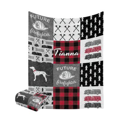 Personalized Firefighter Dog Fire Engine Plaid Blanket with Name Text Custom Super Soft Fleece Throw Blankets for Couch Sofa Bed 50 X 60 inches