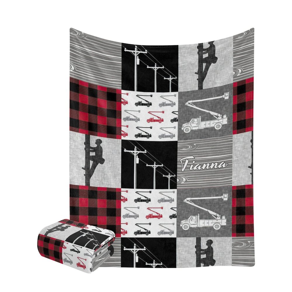 Personalized Lineman Plaid Patchwork Red Blanket with Name Text Custom Super Soft Fleece Throw Blankets for Couch Sofa Bed 50 X 60 inches