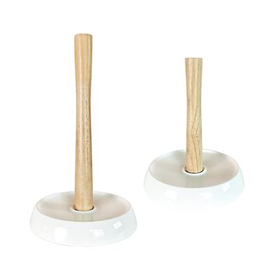 9inch and 13inch Set of 2 Stable Vertical Tissue Rack Kitchen roll Paper Storage RackKitchen Plastic wrap RackCeramics Base and Rubber Wood Solid Wood Support