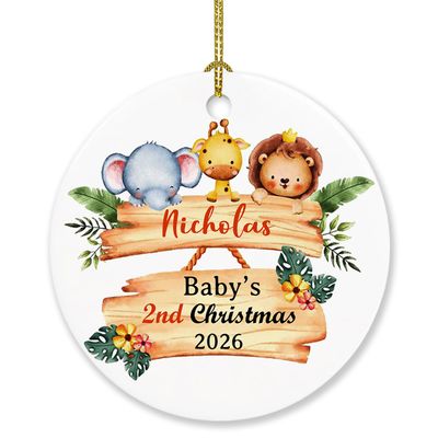 Baby's 2nd Christmas Ornament, Personalized Baby Second Xmas Ornament, Woodland Animal Baby's Second Ornament Christmas 2026, Custom Name & Birthday Kid Ornaments, Baby 2ND Christmas Ornament Gifts