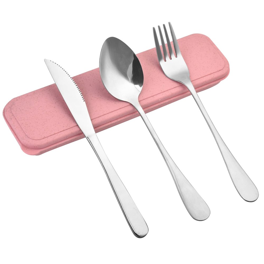 Zoyiancy Stainless Steel Travel Silverware Set, Pink Portable Carry Case