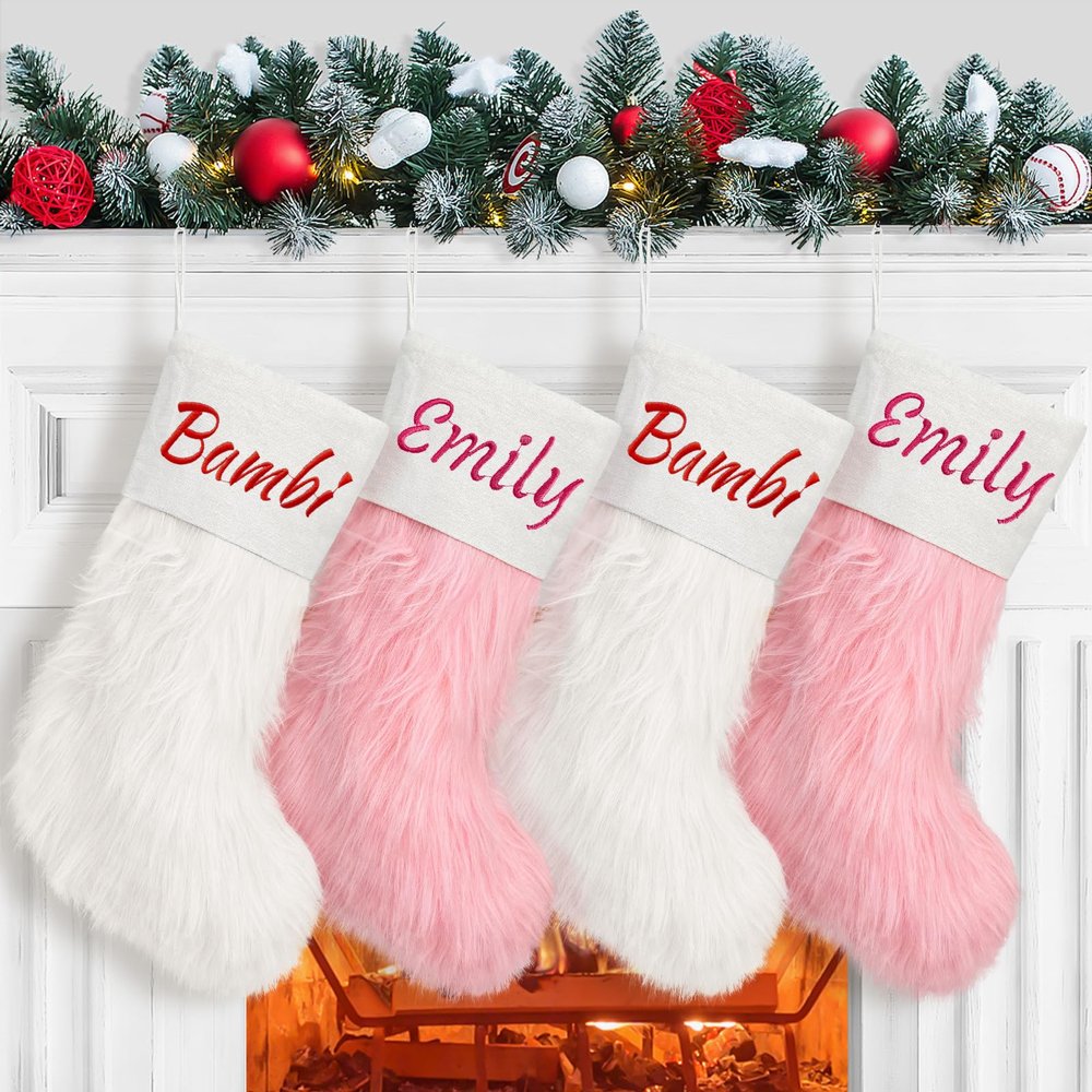AtiMing Personalized Plush Christmas Stockings Family of 6 Large 20" Faux Fur Custom Embroidery Christmas Stockings with Names White Linen Cuff Customized Stockings for Xmas Fireplace Decorations