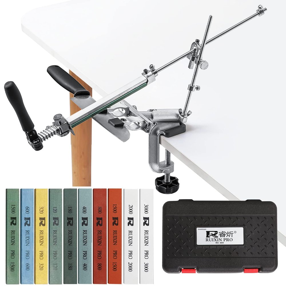 RUIXIN PRO RX-009 Professional Knife Sharpener with 10 Whetstones, 360 Rotation Flip Design Fixed-Angle Aluminum Alloy Kitchen Chef Knife Sharpening Kit Abrasive Holding System Tools