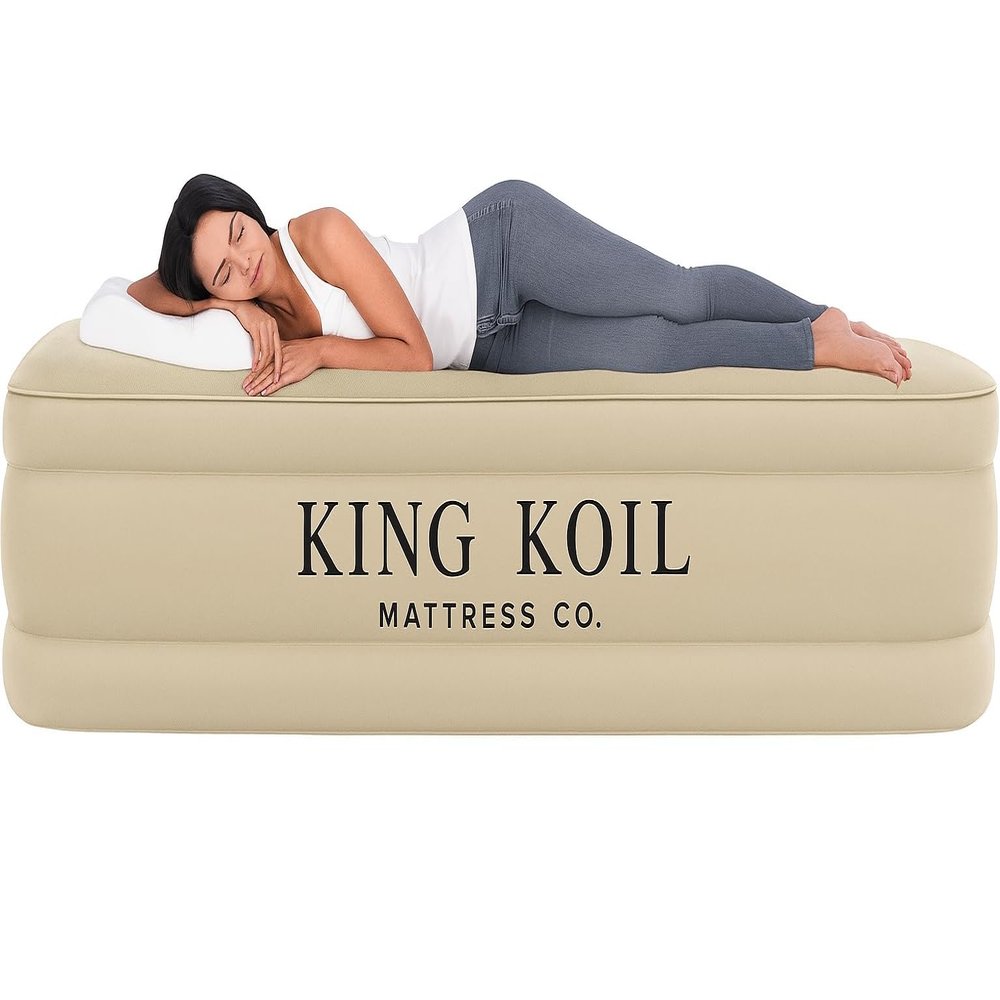 King Koil Luxury Queen Size Air Mattress with High-Speed Built-in Pump, Blow Up Bed Top Side Flocking, Puncture Resistant, Double High Inflatable Airbed Guests or Travel 1-Year Warranty