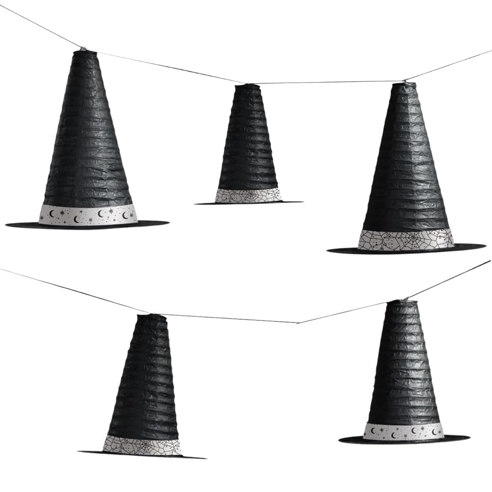 Classic Black & White Paper w/Metal Witches Hats Hanging Lanterns - Pack of 5 - Unique & Elegant Design - Perfect for Halloween Decorations