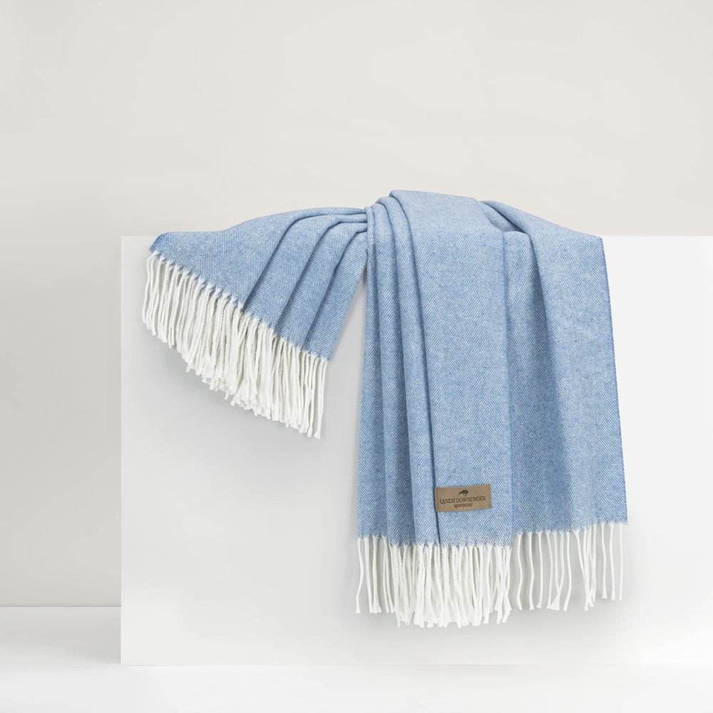 Lands Downunder All-Season, Luxury Blue Denim Herringbone Throw Soft Woven Throw with Decorative Fringe Made in Italy 51W x 67L - Over 80 Colors - Perfect for Gifting