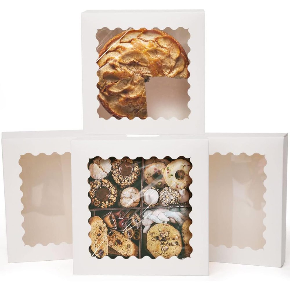 qiqee Auto-pop up 50 Packs Bakery Box With Window 8x8x2.5 inch White Pie Boxes Pastry Box