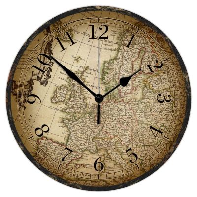 12 Inch Wooden Wall Clock Vintage Style Old World Map Sweep Movement Accurate Wall Clock Modern Rural Style Wood Clock Wall Hanging Clock for Living Room Kitchen Kitchen Decor