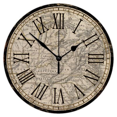 Round Wood Wall Clock Vintage Style Old World Map Durable Easy to Read Wall Clock Country Style Wood Clock for Bedroom Bathroom Living Room Retro Wall Decor 10 Inch