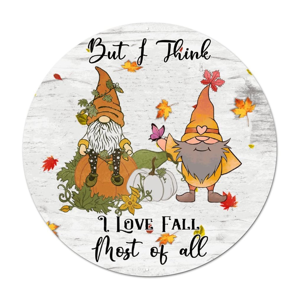 Bomehhjuli Welcome Sign for Front Porch Fall Pumpkin Gnome Maple Leaf Round Tin Sign I Love Fall Metal Wall Art Thanksgiving Autumn 9.2in Antique Plaque Sign Decor for Bar Pub Club Cafe Home Man Cave