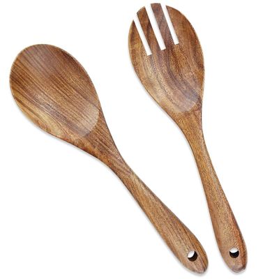 AYFDISHS Wooden Salad Servers, 10.2" Acacia Wood Salad Fork & Spoon for Serving, Olive Wood Salad Serving Utensils Set of 2, Teak Salad Tongs for Kitchen