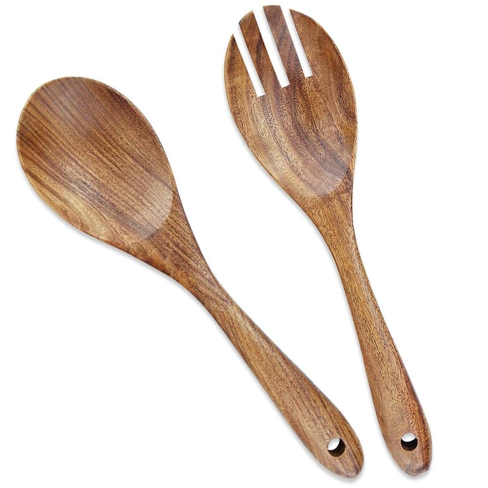 AYFDISHS Wooden Salad Servers, 10.2" Acacia Wood Salad Fork & Spoon for Serving, Olive Wood Salad Serving Utensils Set of 2, Teak Salad Tongs for Kitchen