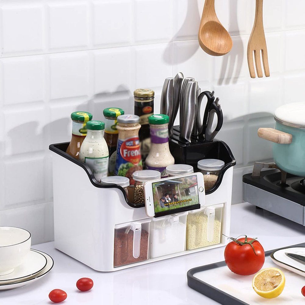 Multifunctional kitchen spice box,large Capacity Spice Box Multifunctional Spice Box Combination Set Household Non-porous Spice Box Pice Jar (Color : White)