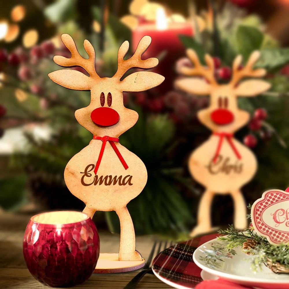 Custom Freestanding Santas Reindeers Place Cards For Table Setting with Names Personalized Christmas Dinner Table Decorations Party Table Number Wooden Sign (Custom Names, 20CM, 10Pack, Save 10%)