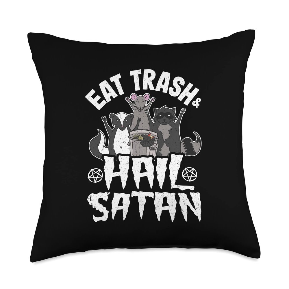 Funny Satanic & Heavy Metal Gifts Men Women Kids Eat Hail Satan Goth Raccoon Death Metal Trash Band Throw Pillow, 18x18, Multicolor