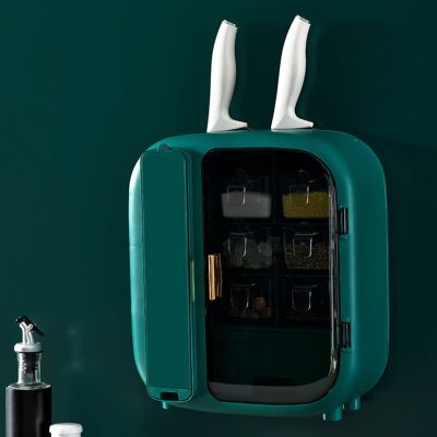 Spice Box,Wall-mounted Household Non-porous Seasoning Box,Plastic Wall-Mounted Chopsticks Knife Holder Organizer To Fit Cabinets Or Countertops (Color : Green)