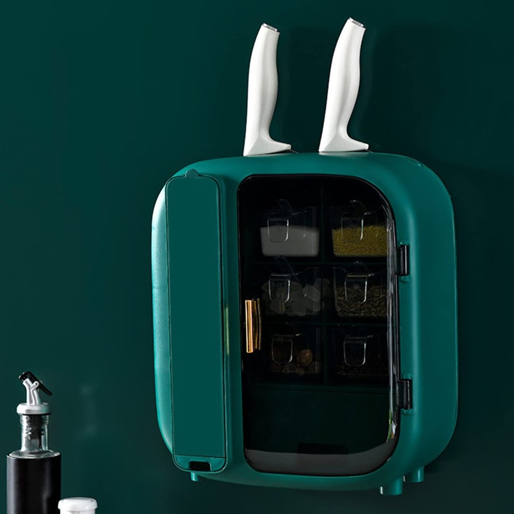 Spice Box,Wall-mounted Household Non-porous Seasoning Box,Plastic Wall-Mounted Chopsticks Knife Holder Organizer To Fit Cabinets Or Countertops (Color : Green)