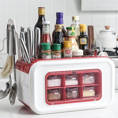 Multifunctional Kitchen Spice Box, Knife Rack Chopstick Cage Condiment Storage Box Large-Capacity Seasoning Box Spice Assortment Box For Storing Kitchen Utensils (Color : Red)