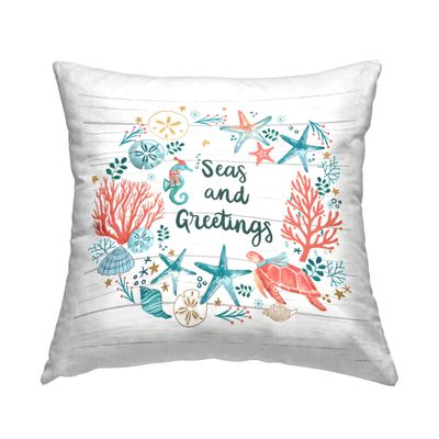 Stupell Industries Seas and Greetings Beach Botanical Wreath Design by Sharon Lee Throw Pillow
