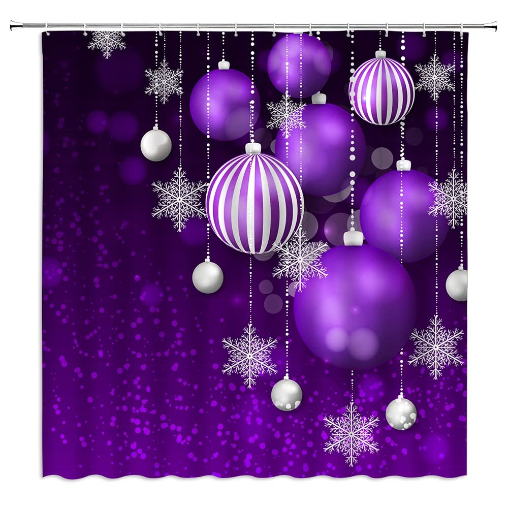 Merry Christmas Shower Curtain Christmas Ball Winter Holiday Pine Snowy Scenery Fabric Bathroom Decor Set with Hooks67" Wx70 H