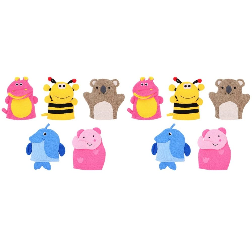 Kisangel Kids Bath Gloves Cartoon Animal Shape Soft Exfoliating Mitts for Gentle Baby Skin Cleaning 10 Pack Portable Size for Travel and Fun Bath Time
