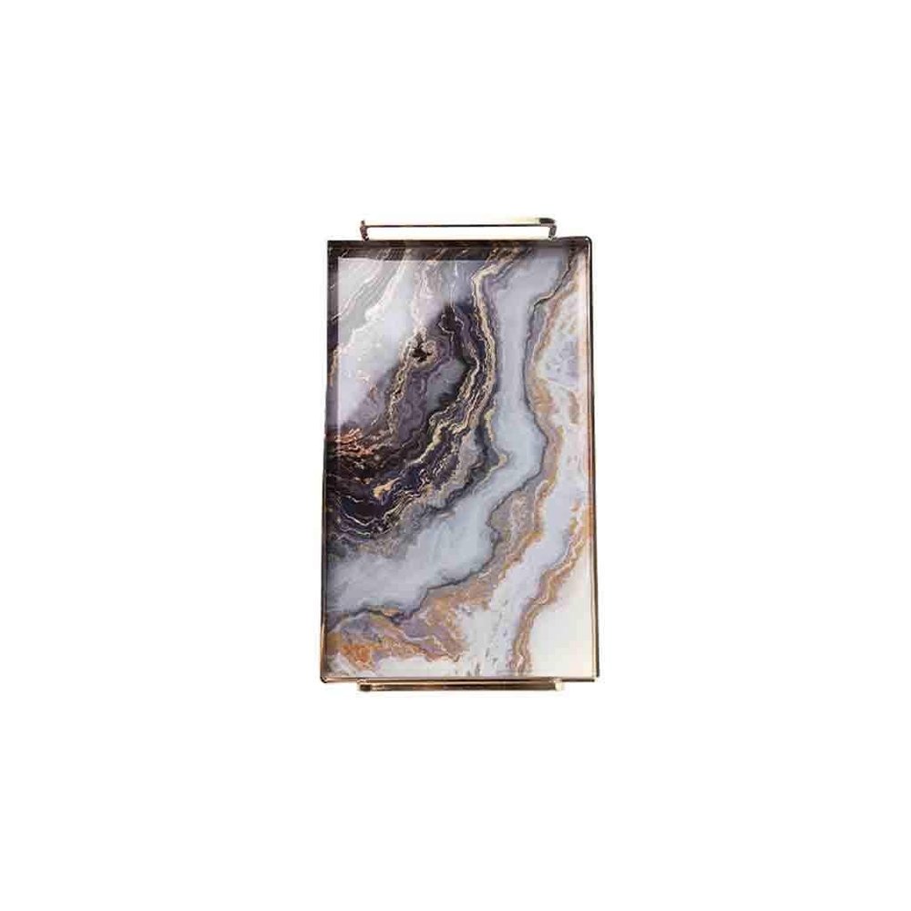 ORTOLY Tray Stainless Steel Glass Bathroom Tray Electroplating Color Printing Metal Handle Jewelry Tray Rectangular Bathroom Storage Tray 14  8.8  0.11 Inches Organizer